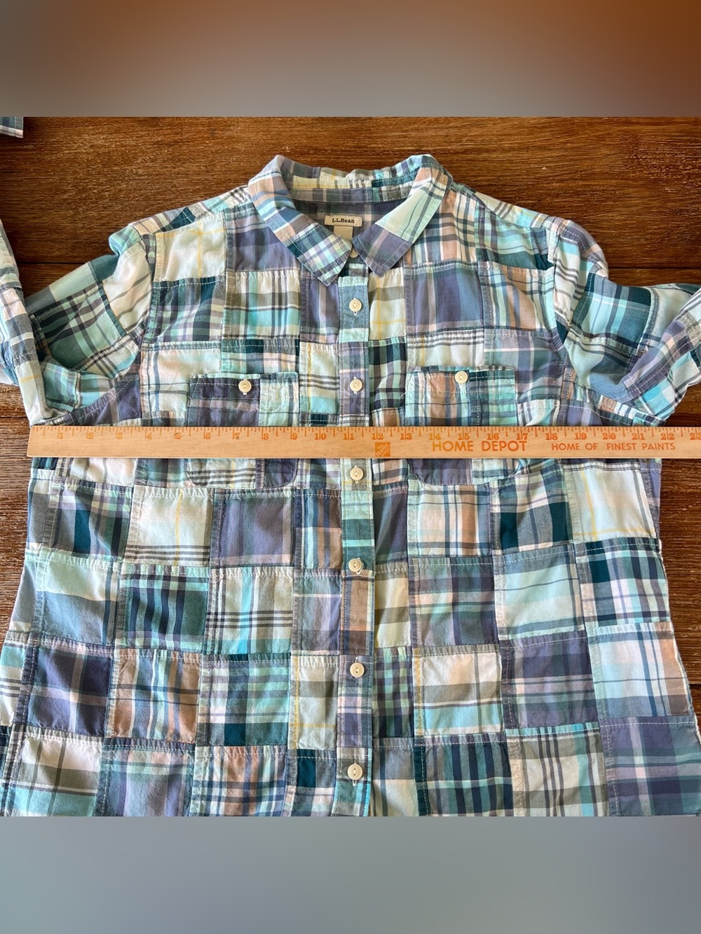 LL Bean Patchwork Madras Plaid Cotton Shirt Women’s Large Regular Blue Teal - Picture 9 of 14